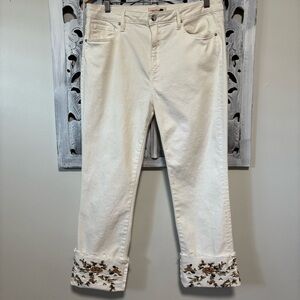 DRIFTWOOD Collette High Rise White Stretch Denim Brown Floral Cuff Crop   Jeans